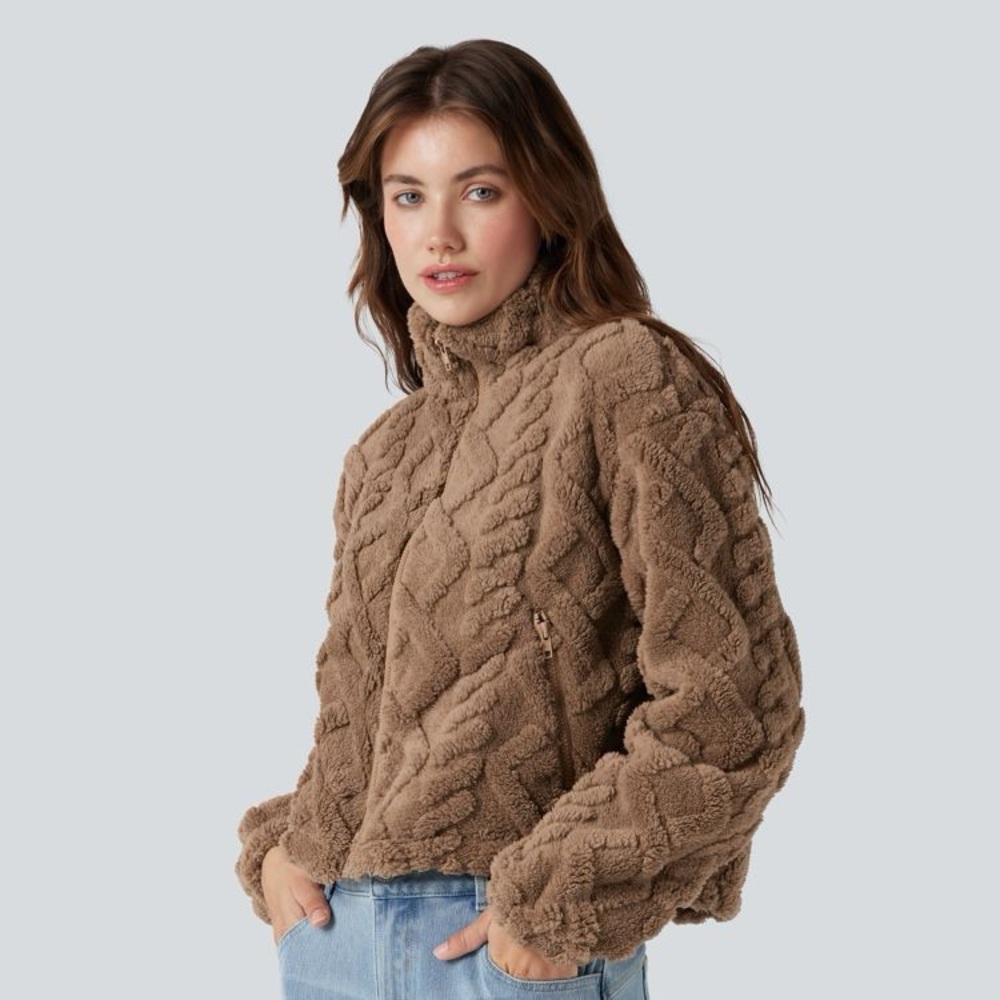 Halara Cropped Sherpa Jacket, Coco Mocha - Size M